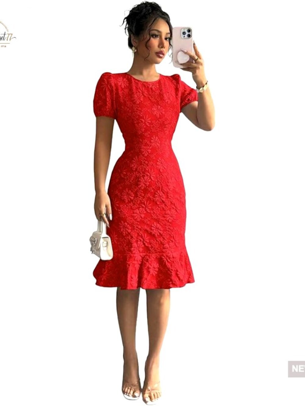 Puff Sleeve Floral Dress Mermaid Silhouette Ruffle Hem Party Wear